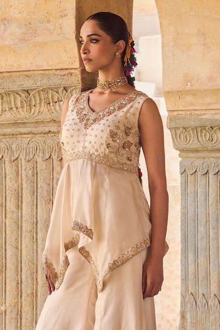 Buy Vinita Bhansali Cream Silk Embroidery, Beads, Sequins V-neck Mahira Sharara Set Online at Aza Fashions Buy_Vinita Bhansali_Cream Silk Embroidery, Beads, Sequins V-neck Mahira Sharara Set _Online_at_Aza_Fashions