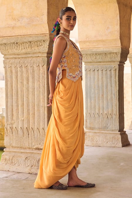 Vinita Bhansali Yellow Crepe, Silk Sequins, Embroidery V-neck Pure Waist Coat And Skirt Set Online at Aza Fashions Vinita Bhansali_Yellow Crepe, Silk Sequins, Embroidery V-neck Pure Waist Coat And Skirt Set _Online_at_Aza_Fashions