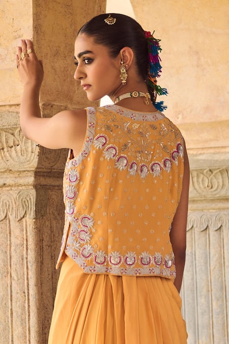 Buy Vinita Bhansali Yellow Crepe, Silk Sequins, Embroidery V-neck Pure Waist Coat And Skirt Set Online at Aza Fashions Buy_Vinita Bhansali_Yellow Crepe, Silk Sequins, Embroidery V-neck Pure Waist Coat And Skirt Set _Online_at_Aza_Fashions