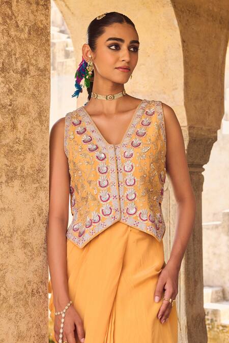 Shop Vinita Bhansali Yellow Crepe, Silk Sequins, Embroidery V-neck Pure Waist Coat And Skirt Set Online at Aza Fashions Shop_Vinita Bhansali_Yellow Crepe, Silk Sequins, Embroidery V-neck Pure Waist Coat And Skirt Set _Online_at_Aza_Fashions