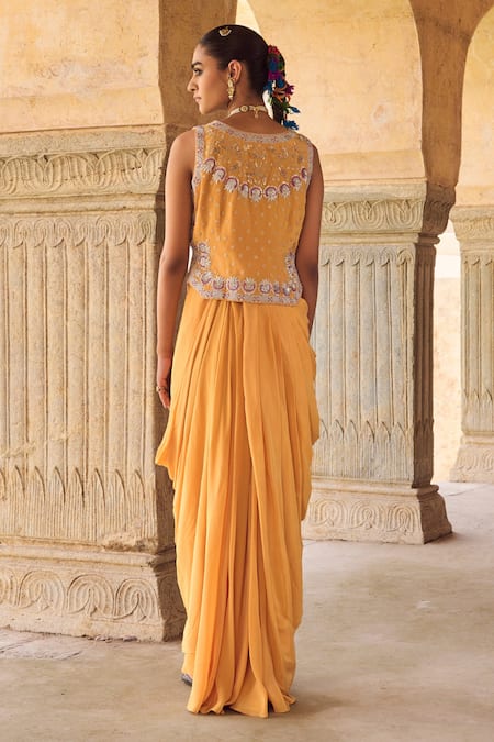 Vinita Bhansali Yellow Pure Crepe Silk Waist Coat & Skirt Set 