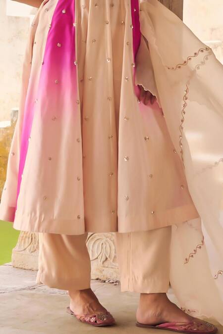 Vinita Bhansali_Cream , Organza Embroidery, Sequins Square Neck Gul-mohar Anarkali Set _Online_at_Aza_Fashions