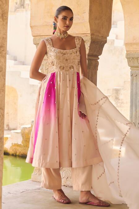 Buy_Vinita Bhansali_Cream , Organza Embroidery, Sequins Square Neck Gul-mohar Anarkali Set _Online_at_Aza_Fashions