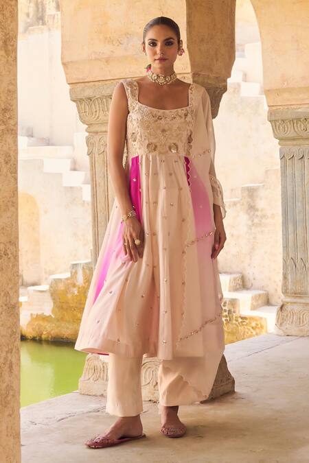 Shop_Vinita Bhansali_Cream , Organza Embroidery, Sequins Square Neck Gul-mohar Anarkali Set _Online_at_Aza_Fashions