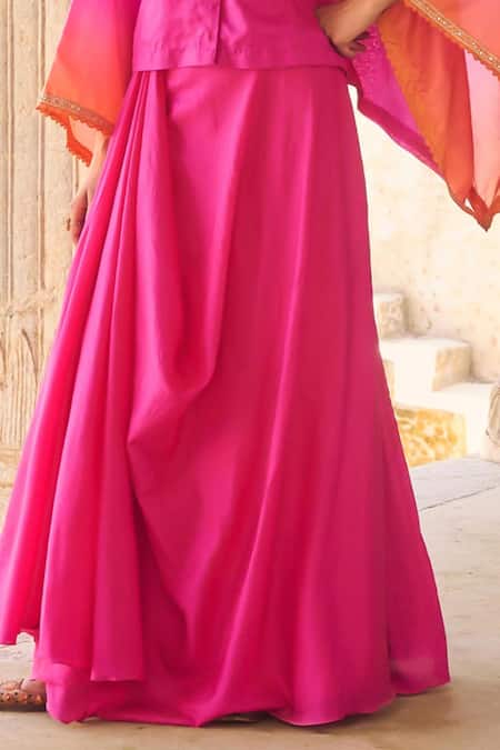 Vinita Bhansali_Pink Silk Embroidery V-neck Raani Kaftan And Draped Skirt Set _Online_at_Aza_Fashions