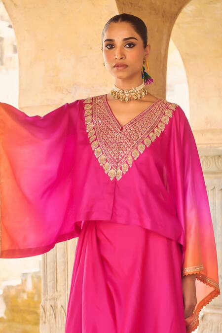 Buy_Vinita Bhansali_Pink Silk Embroidery V-neck Raani Kaftan And Draped Skirt Set _Online_at_Aza_Fashions