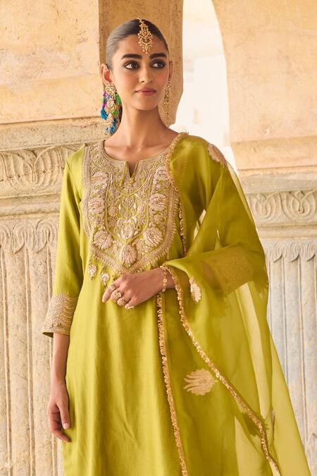 Shop_Vinita Bhansali_Green , Organza Embroidery Split V-neck Designer Kurta Set With Dupatta _Online_at_Aza_Fashions