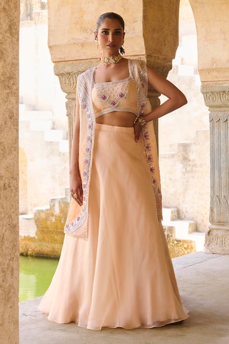 Vinita Bhansali Orange Silk Organza Embroidery, Sequins Round Sunhera Kamal Fusion Jacket Set 