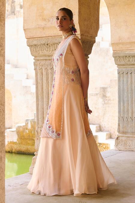 Vinita Bhansali_Orange Silk Organza Embroidery, Sequins Round Sunhera Kamal Fusion Jacket Set _Online_at_Aza_Fashions