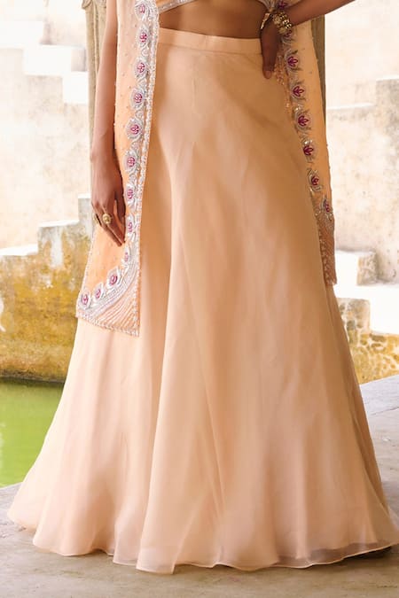 Buy_Vinita Bhansali_Orange Silk Organza Embroidery, Sequins Round Sunhera Kamal Fusion Jacket Set _Online_at_Aza_Fashions