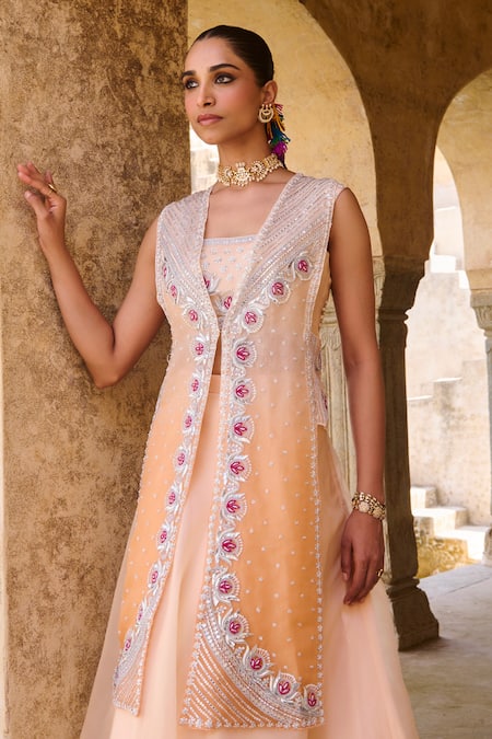 Shop_Vinita Bhansali_Orange Silk Organza Embroidery, Sequins Round Sunhera Kamal Fusion Jacket Set _Online_at_Aza_Fashions