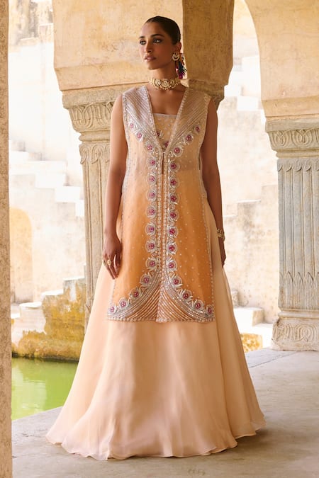 Vinita Bhansali_Orange Silk Organza Embroidery, Sequins Round Sunhera Kamal Fusion Jacket Set _at_Aza_Fashions