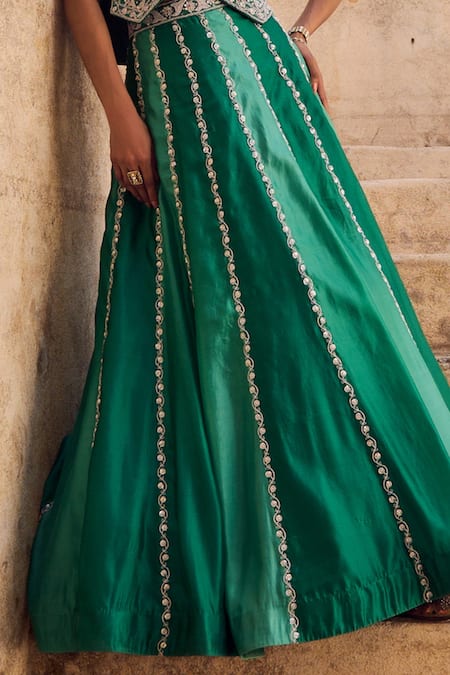 Vinita Bhansali Green Silk Sequins, Embroidery V-neck Pankhuri Waist Coat - Lehenga Set Online at Aza Fashions Vinita Bhansali_Green Silk Sequins, Embroidery V-neck Pankhuri Waist Coat - Lehenga Set _Online_at_Aza_Fashions