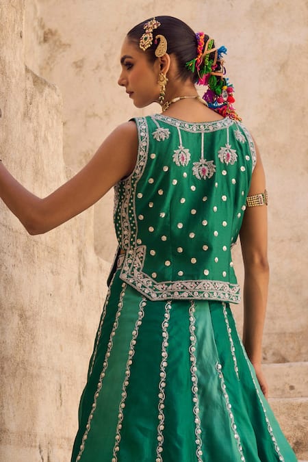 Buy Vinita Bhansali Green Silk Sequins, Embroidery V-neck Pankhuri Waist Coat - Lehenga Set Online at Aza Fashions Buy_Vinita Bhansali_Green Silk Sequins, Embroidery V-neck Pankhuri Waist Coat - Lehenga Set _Online_at_Aza_Fashions