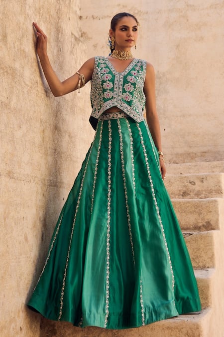 Vinita Bhansali Green Silk Sequins, Embroidery V-neck Pankhuri Waist Coat - Lehenga Set 