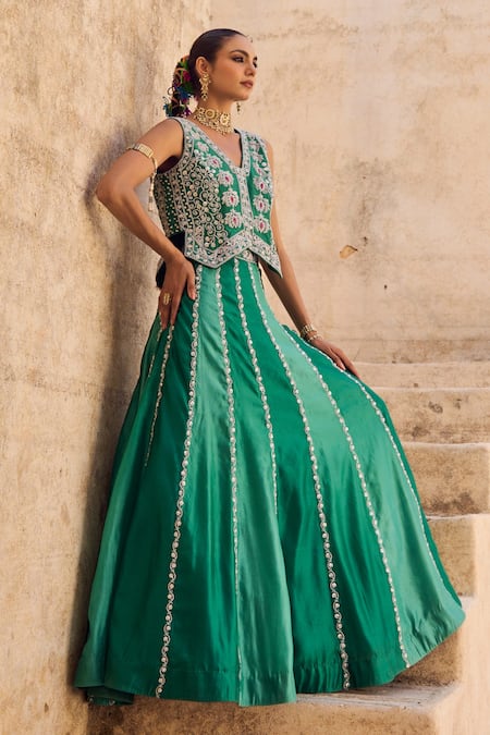 Shop Vinita Bhansali Green Silk Sequins, Embroidery V-neck Pankhuri Waist Coat - Lehenga Set Online at Aza Fashions Shop_Vinita Bhansali_Green Silk Sequins, Embroidery V-neck Pankhuri Waist Coat - Lehenga Set _Online_at_Aza_Fashions