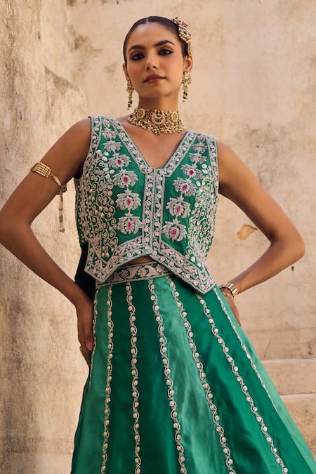 Vinita Bhansali Green Silk Sequins, Embroidery V-neck Pankhuri Waist Coat - Lehenga Set at Aza Fashions Vinita Bhansali_Green Silk Sequins, Embroidery V-neck Pankhuri Waist Coat - Lehenga Set _at_Aza_Fashions