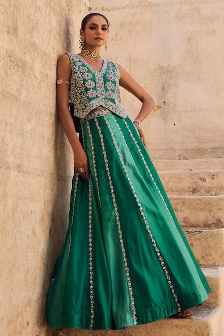 Buy Vinita Bhansali Green Silk Sequins, Embroidery V-neck Pankhuri Waist Coat - Lehenga Set Buy_Vinita Bhansali_Green Silk Sequins, Embroidery V-neck Pankhuri Waist Coat - Lehenga Set