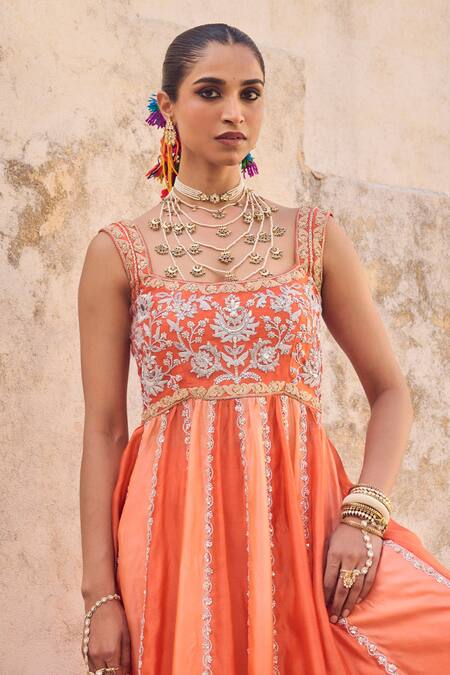 Buy Vinita Bhansali Orange , Organza Embroidery Round Neck Saanjh Anarkali Set Online at Aza Fashions Buy_Vinita Bhansali_Orange , Organza Embroidery Round Neck Saanjh Anarkali Set _Online_at_Aza_Fashions