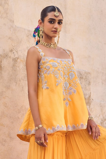 Vinita Bhansali Yellow Silk, Crepe Embroidery Square Neck Gharara Set Online at Aza Fashions Vinita Bhansali_Yellow Silk, Crepe Embroidery Square Neck Gharara Set _Online_at_Aza_Fashions