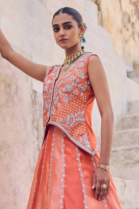 Vinita Bhansali Orange Silk Sequins, Embroidery V-neck Saanjh Waistcoat Lehenga Set Online at Aza Fashions Vinita Bhansali_Orange Silk Sequins, Embroidery V-neck Saanjh Waistcoat Lehenga Set _Online_at_Aza_Fashions