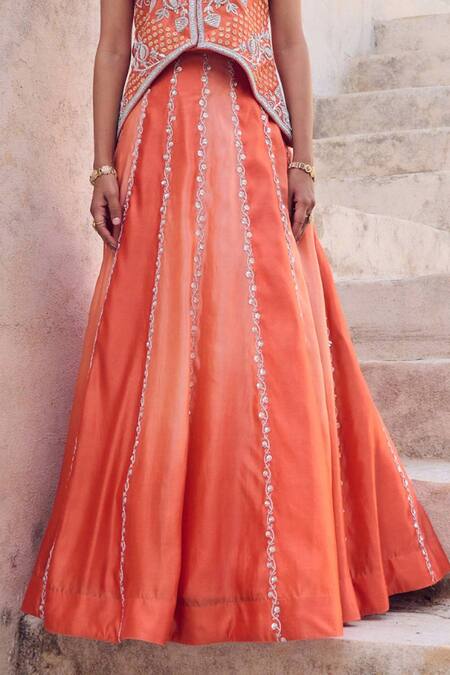 Buy Vinita Bhansali Orange Silk Sequins, Embroidery V-neck Saanjh Waistcoat Lehenga Set Online at Aza Fashions Buy_Vinita Bhansali_Orange Silk Sequins, Embroidery V-neck Saanjh Waistcoat Lehenga Set _Online_at_Aza_Fashions