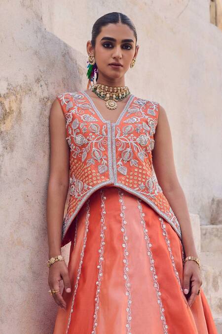 Shop Vinita Bhansali Orange Silk Sequins, Embroidery V-neck Saanjh Waistcoat Lehenga Set Online at Aza Fashions Shop_Vinita Bhansali_Orange Silk Sequins, Embroidery V-neck Saanjh Waistcoat Lehenga Set _Online_at_Aza_Fashions