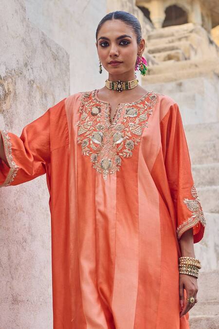 Buy Vinita Bhansali Orange , Satin Embroidery Split V-neck Saanjh Kaftan Set Online at Aza Fashions Buy_Vinita Bhansali_Orange , Satin Embroidery Split V-neck Saanjh Kaftan Set _Online_at_Aza_Fashions
