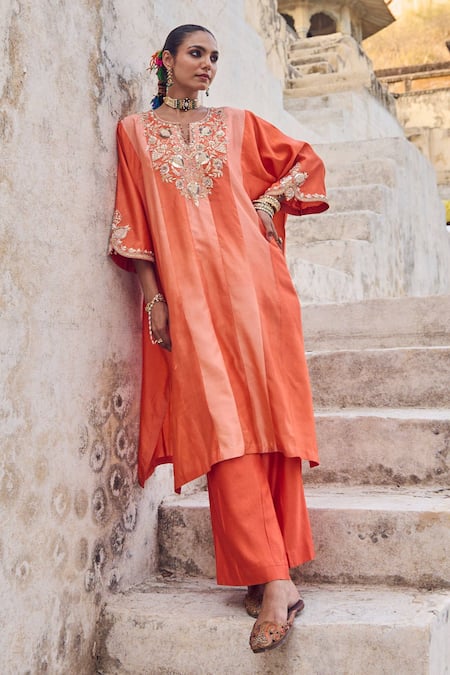 Vinita Bhansali Orange , Satin Embroidery Split V-neck Saanjh Kaftan Set 