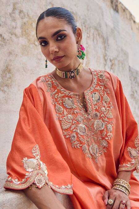 Shop Vinita Bhansali Orange , Satin Embroidery Split V-neck Saanjh Kaftan Set Online at Aza Fashions Shop_Vinita Bhansali_Orange , Satin Embroidery Split V-neck Saanjh Kaftan Set _Online_at_Aza_Fashions