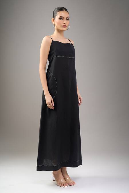 Buy Divyam Mehta Black Linen Embroidery Coal Midi Dress Online at Aza Fashions Buy_Divyam Mehta_Black Linen Embroidery Coal Midi Dress _Online_at_Aza_Fashions