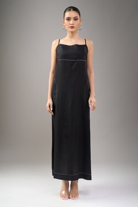 Shop Divyam Mehta Black Linen Embroidery Coal Midi Dress Online at Aza Fashions Shop_Divyam Mehta_Black Linen Embroidery Coal Midi Dress _Online_at_Aza_Fashions