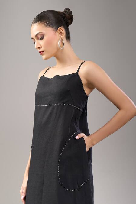 Divyam Mehta Black Linen Embroidery Coal Midi Dress at Aza Fashions Divyam Mehta_Black Linen Embroidery Coal Midi Dress _at_Aza_Fashions