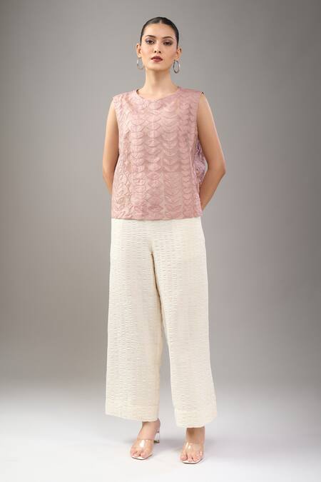 Divyam Mehta_Pink Round Neck Mulberry Textured Top _Online_at_Aza_Fashions