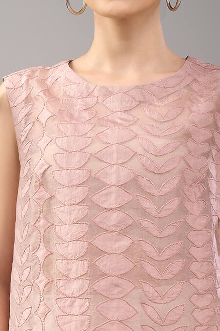 Buy_Divyam Mehta_Pink Round Neck Mulberry Textured Top _Online_at_Aza_Fashions