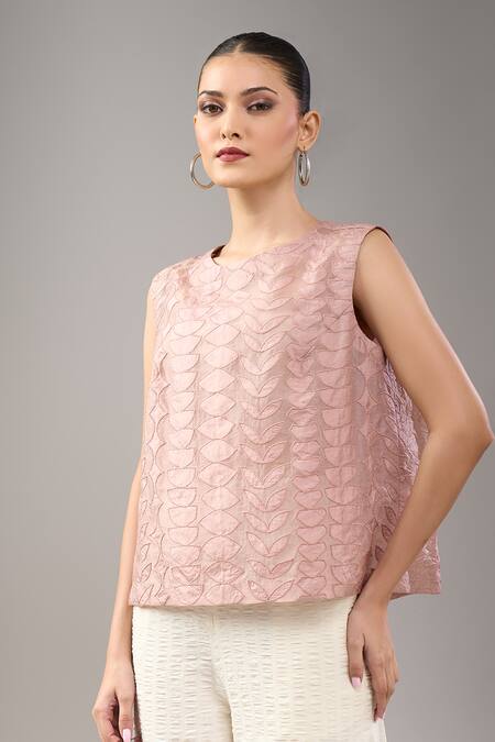 Shop_Divyam Mehta_Pink Round Neck Mulberry Textured Top _Online_at_Aza_Fashions