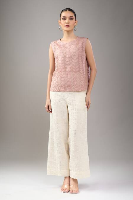 Divyam Mehta_Pink Round Neck Mulberry Textured Top _at_Aza_Fashions