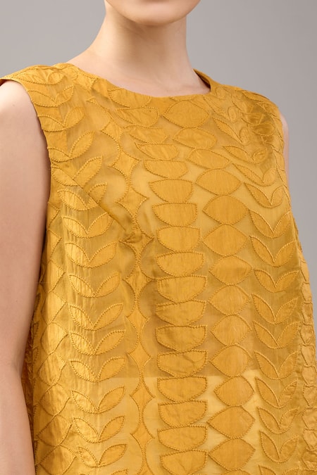 Divyam Mehta_Yellow Round Neck Textured Blouse _Online_at_Aza_Fashions