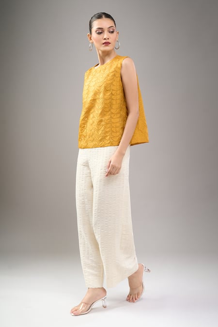 Buy_Divyam Mehta_Yellow Round Neck Textured Blouse _Online_at_Aza_Fashions