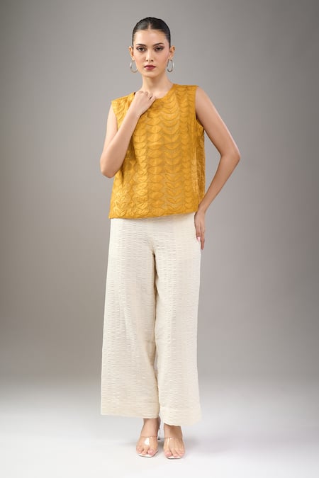 Shop_Divyam Mehta_Yellow Round Neck Textured Blouse _Online_at_Aza_Fashions