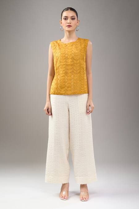 Divyam Mehta_Yellow Round Neck Textured Blouse _at_Aza_Fashions