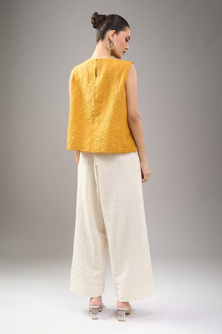 Shop_Divyam Mehta_Yellow Round Neck Textured Blouse _at_Aza_Fashions