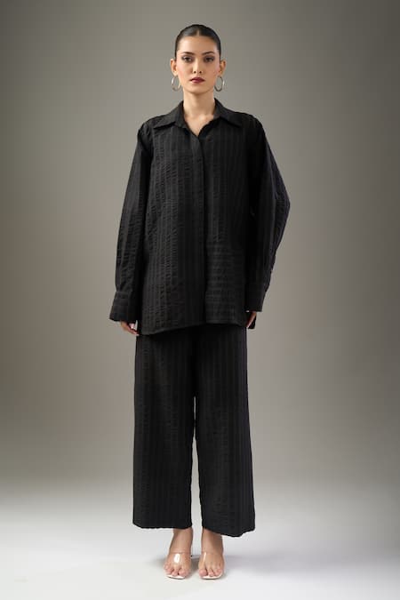 Divyam Mehta Black Handloom Cotton Collared Coal Pant Set 