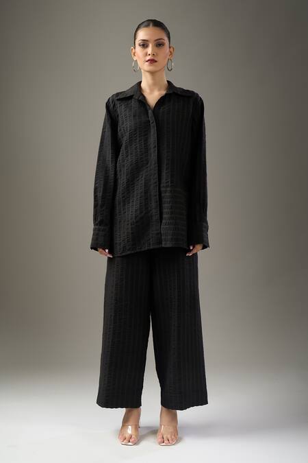 Divyam Mehta Black Handloom Cotton Collared Coal Pant Set Online at Aza Fashions Divyam Mehta_Black Handloom Cotton Collared Coal Pant Set _Online_at_Aza_Fashions