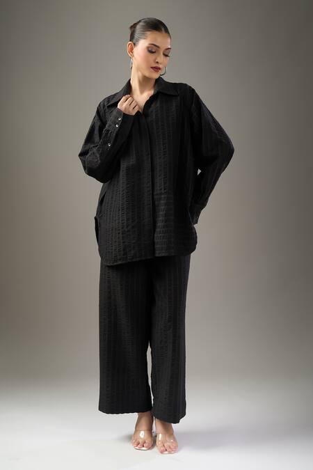 Buy Divyam Mehta Black Handloom Cotton Collared Coal Pant Set Online at Aza Fashions Buy_Divyam Mehta_Black Handloom Cotton Collared Coal Pant Set _Online_at_Aza_Fashions