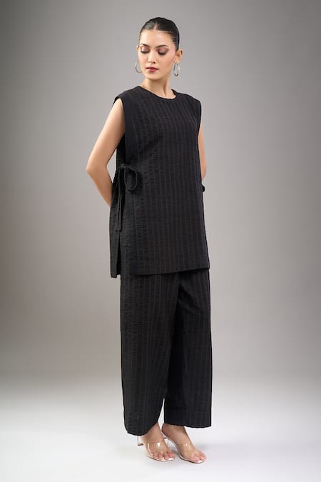 Shop Divyam Mehta Black Handloom Cotton Round Neck Coal Pant Set at Aza Fashions Shop_Divyam Mehta_Black Handloom Cotton Round Neck Coal Pant Set _at_Aza_Fashions