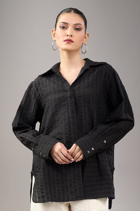 Divyam Mehta Black Handloom Cotton Collared Coal Shirt 