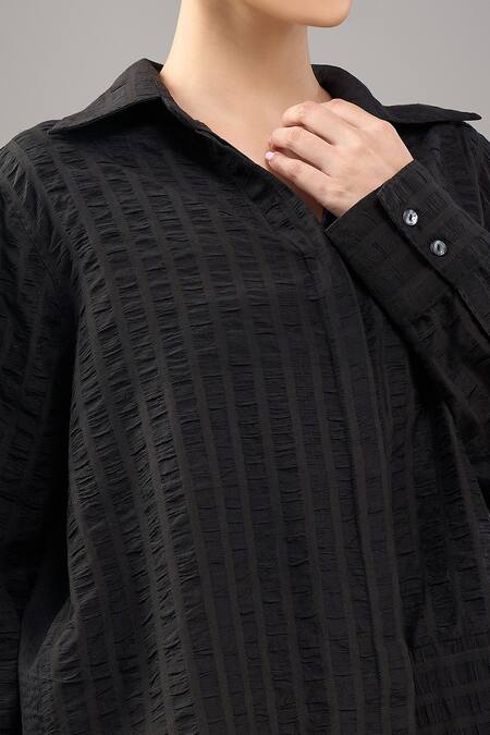 Shop Divyam Mehta Black Handloom Cotton Collared Coal Shirt Online at Aza Fashions Shop_Divyam Mehta_Black Handloom Cotton Collared Coal Shirt _Online_at_Aza_Fashions