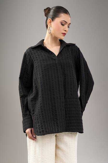 Divyam Mehta Black Handloom Cotton Collared Coal Shirt at Aza Fashions Divyam Mehta_Black Handloom Cotton Collared Coal Shirt _at_Aza_Fashions