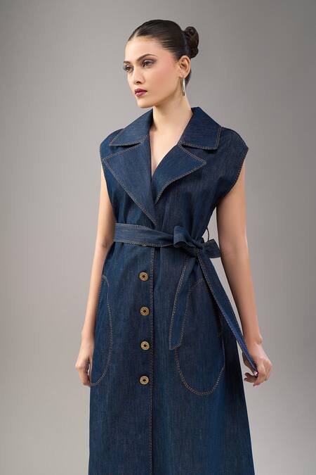 Divyam Mehta_Blue Denim Collared Midi Dress_Online_at_Aza_Fashions